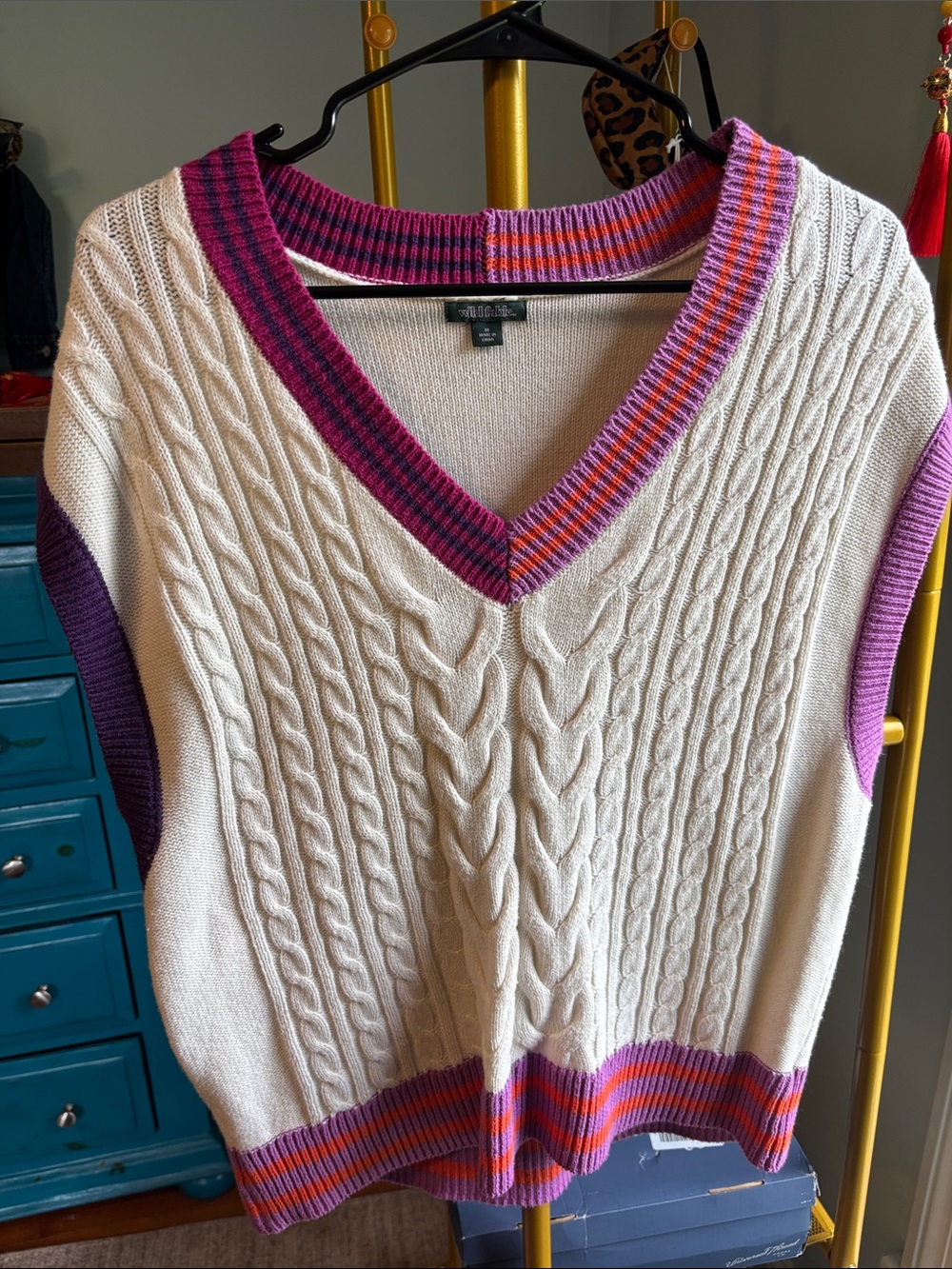 Wild Fable Cable Knit V-Neck Sweater Vest - Cream with Pink & Purple Trim